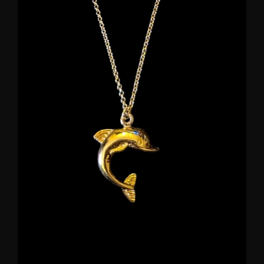 925 Sterling Yellow Gold Vermeil Dolphin 1" Pendant 17" Chain Necklace